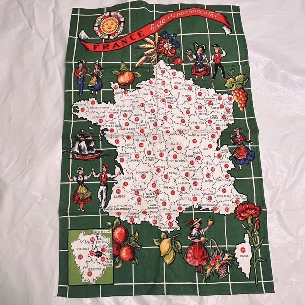Vintage Collectible Map of France Tea Towel Kitchen Towel